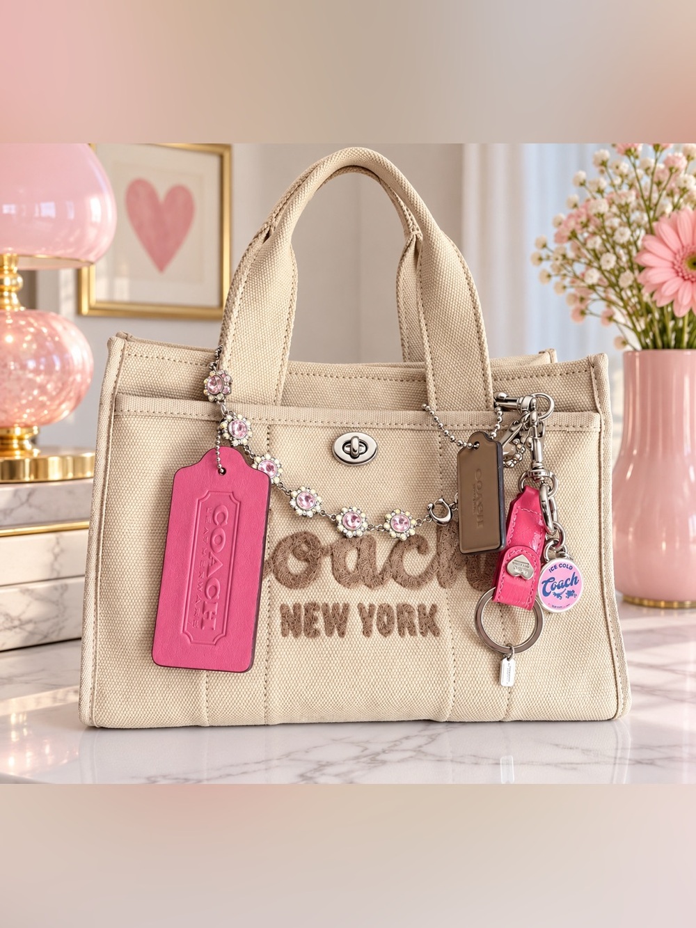 COACH CP164 Cargo Tote 26 Tan Beige natural Canvas Carryall Crossbody Top Handle
